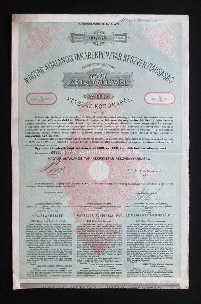 Magyar ltalnos Takarkpnztr zloglevl 200 korona 1917